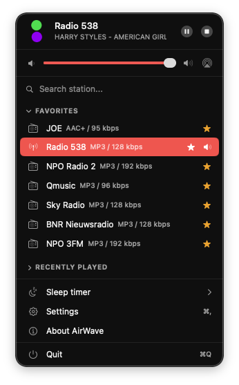 App de AirWave en la barra de men&uacute;s de macOS